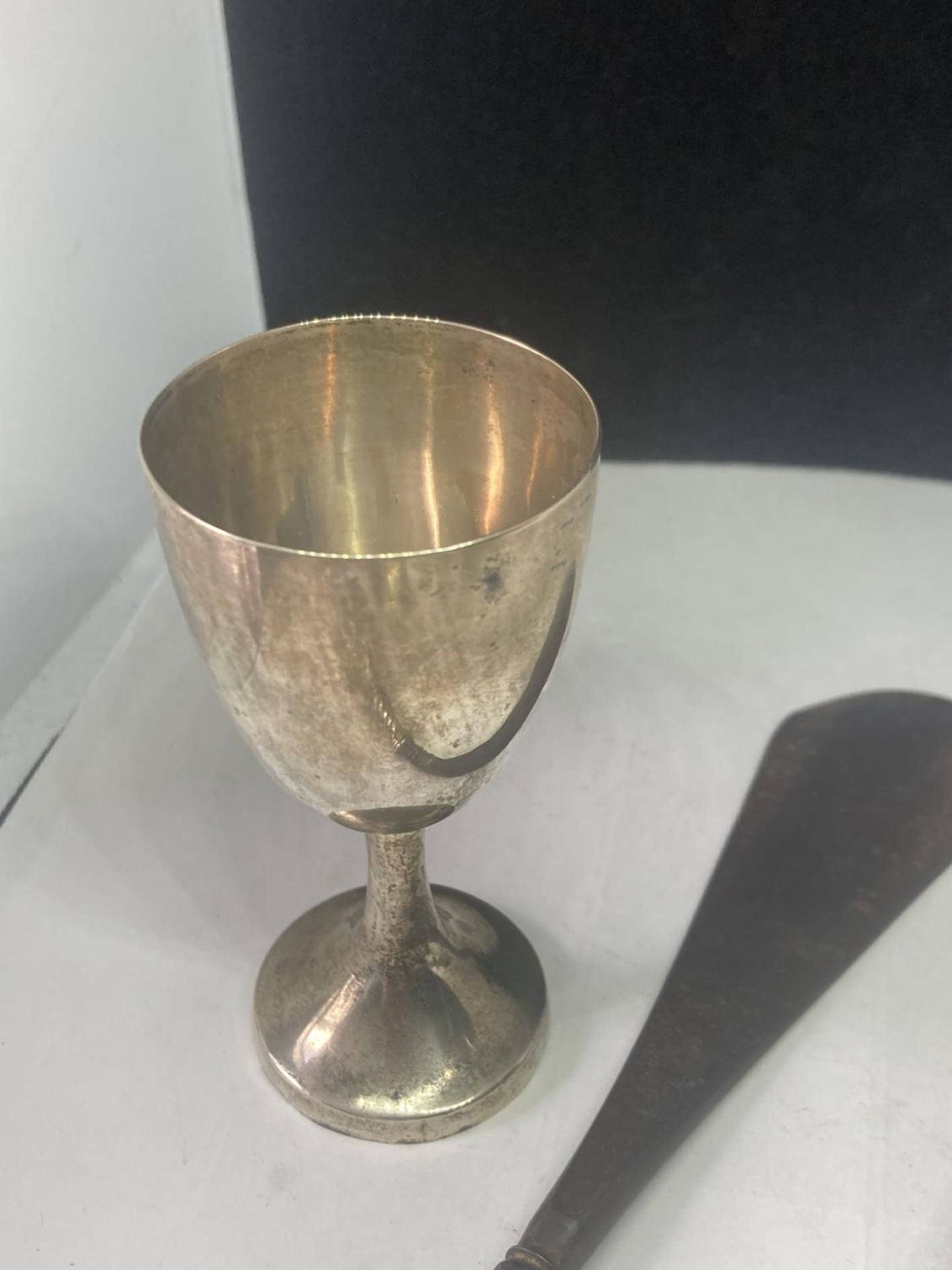 FOUR POSSIBLY SILVER ITEMS TO INCLUDE A GOBLET, LADLE, PILL BOX AND SHOE HORN - Image 3 of 10