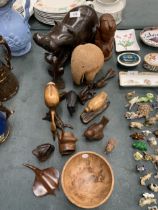 A QUANTITY OF CARVED TREEN ITEMS TO INCLUDE A LARGE HIPPOPOTAMUS, ELEPHANTS, BIRDS, ETC