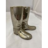 A PAIR OF SILVER PLATED BOOT SALTS WITH INNERS