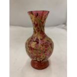 A STOURBRIDGE, RED, GILT GLASS VASE, HEIGHT 11.5CM