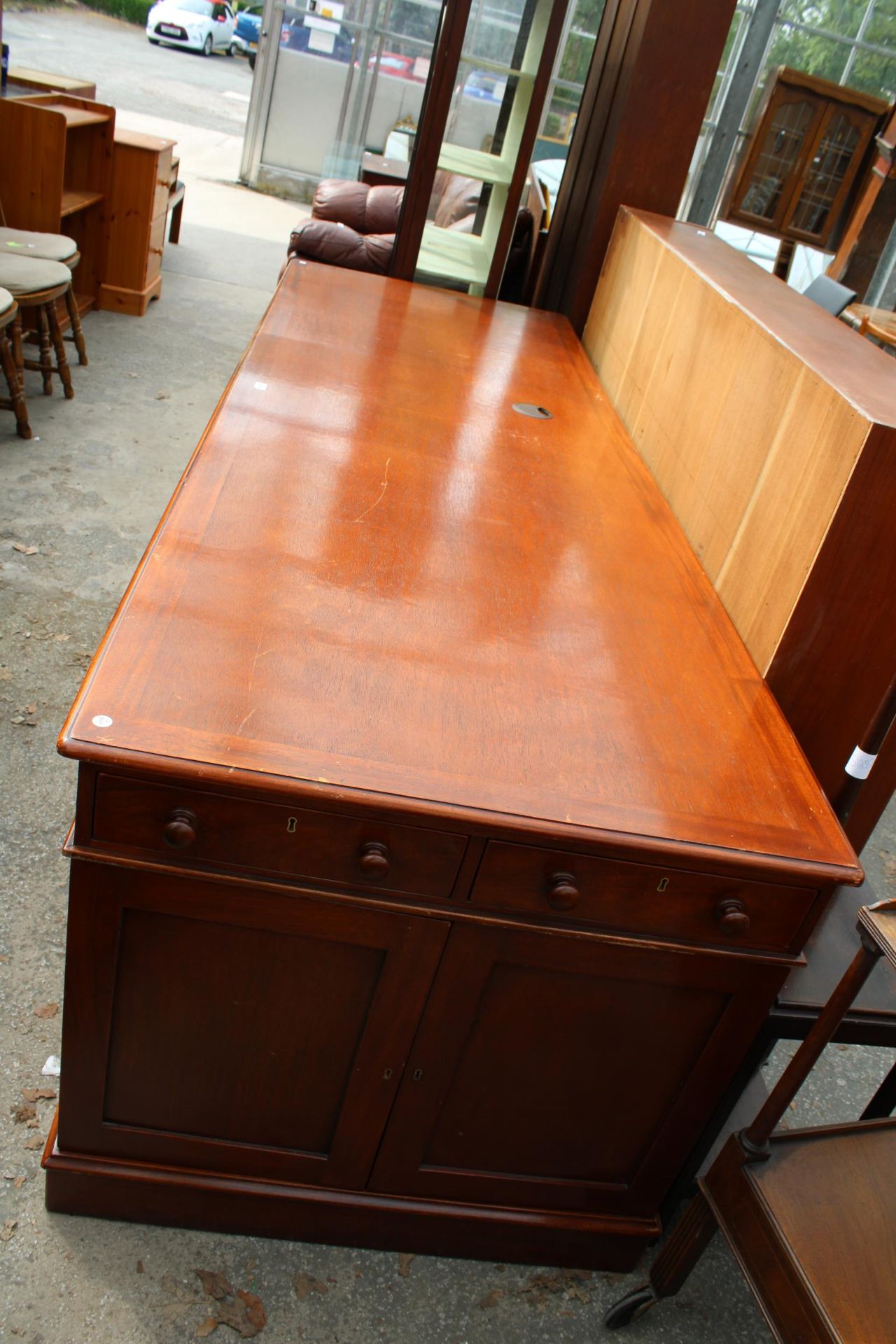 A MODERN PARTNERS/BANKERS DESK ENCLOSING SEVERAL DRAWERS, CUPBOARD AND WIRE DIRECTOR, 99" X 33" - Image 2 of 7