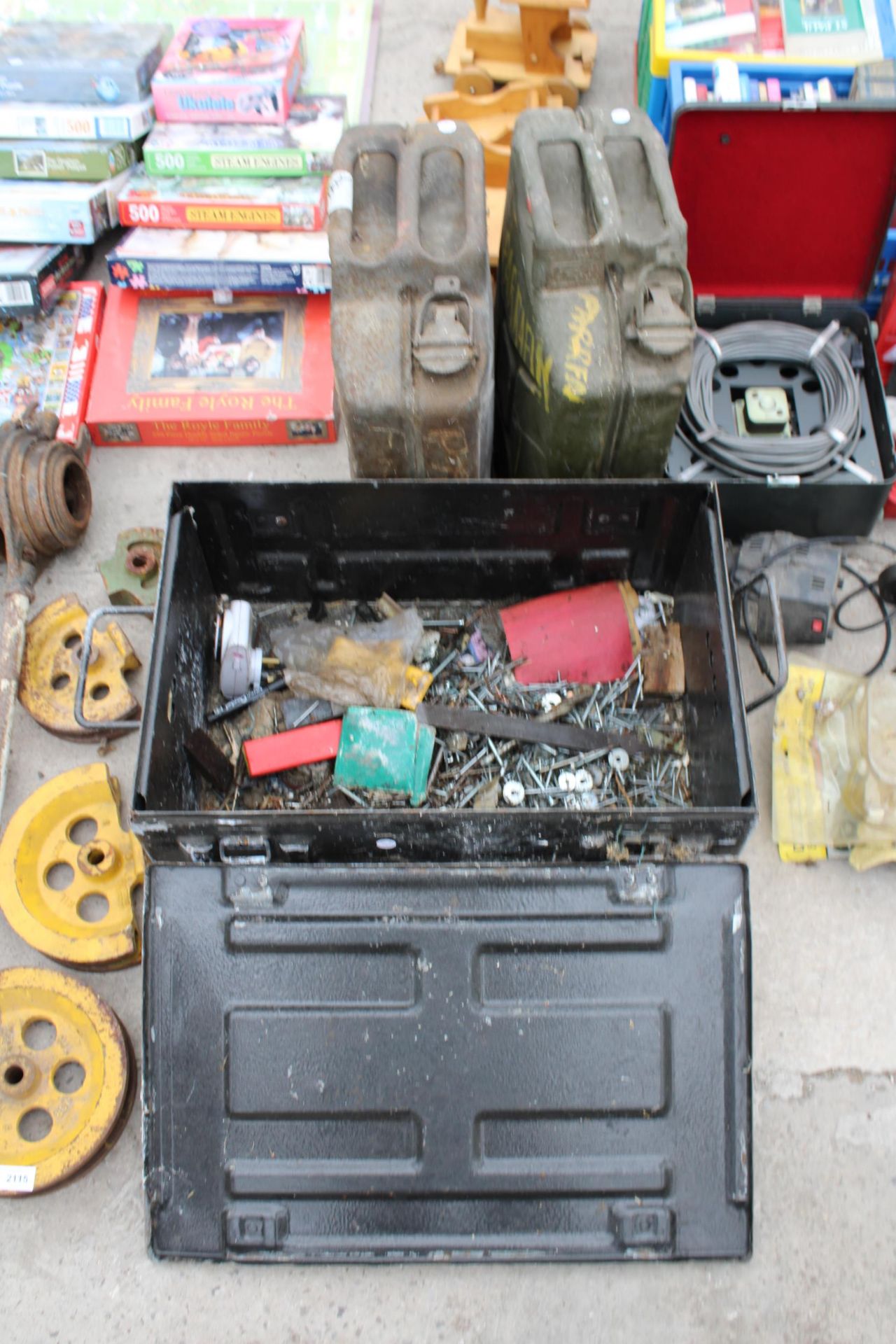 TWO METAL JERRY CANS AND A LARGE AMMO BOX - Image 2 of 2