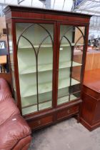 AN EDWARDIAN MAHOGANY TWO DOOR DISPLAY CABINET WITH TWO DRAWERS TO BASE AND DENTIL CORNICE, 44" WIDE