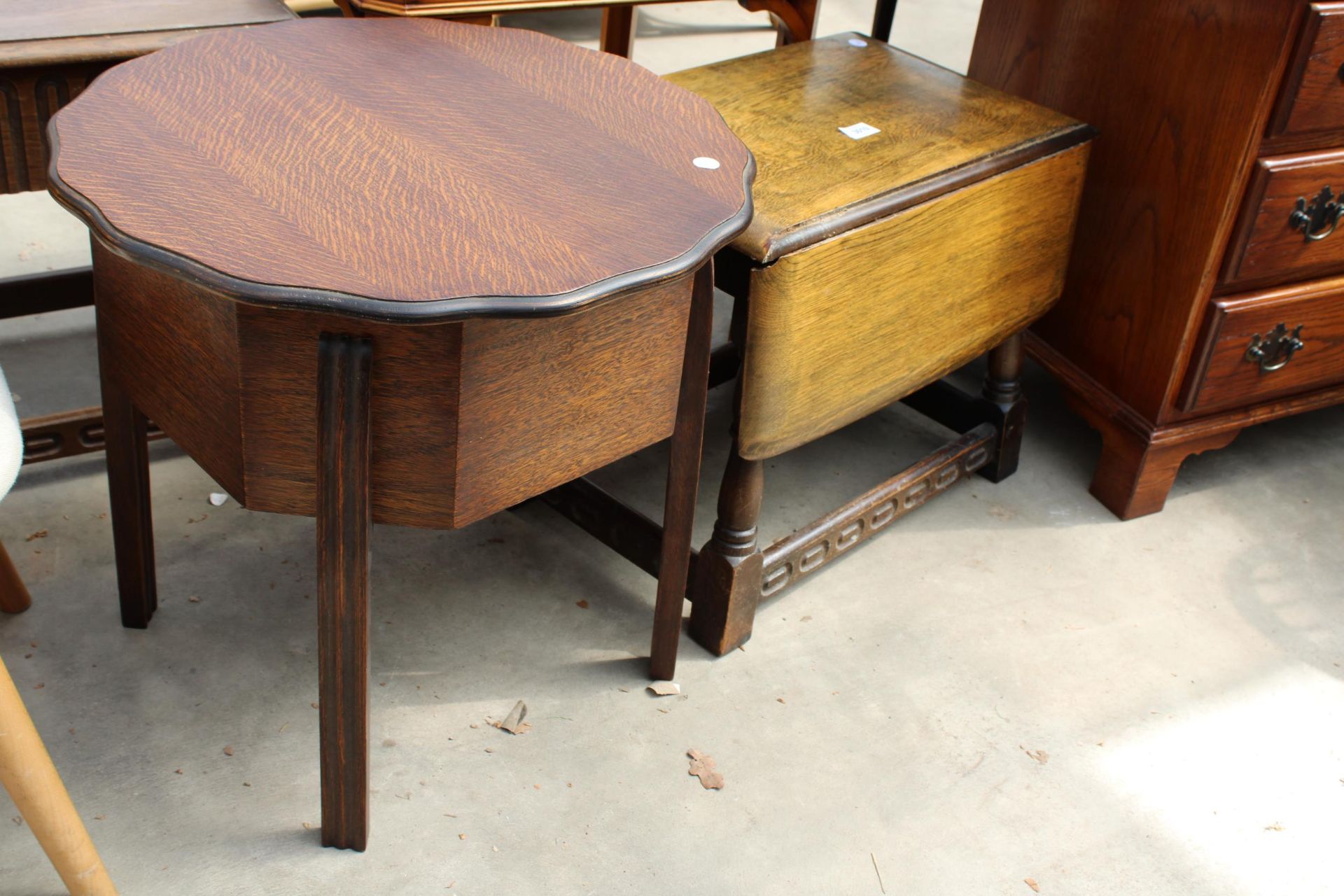 A MINIATURE OAK JACOBEAN STYLE DROP-LEAF TABLE AND MID 20TH CENTURY MORCO PRODUCT TABLE/SEWING BOX - Image 2 of 2