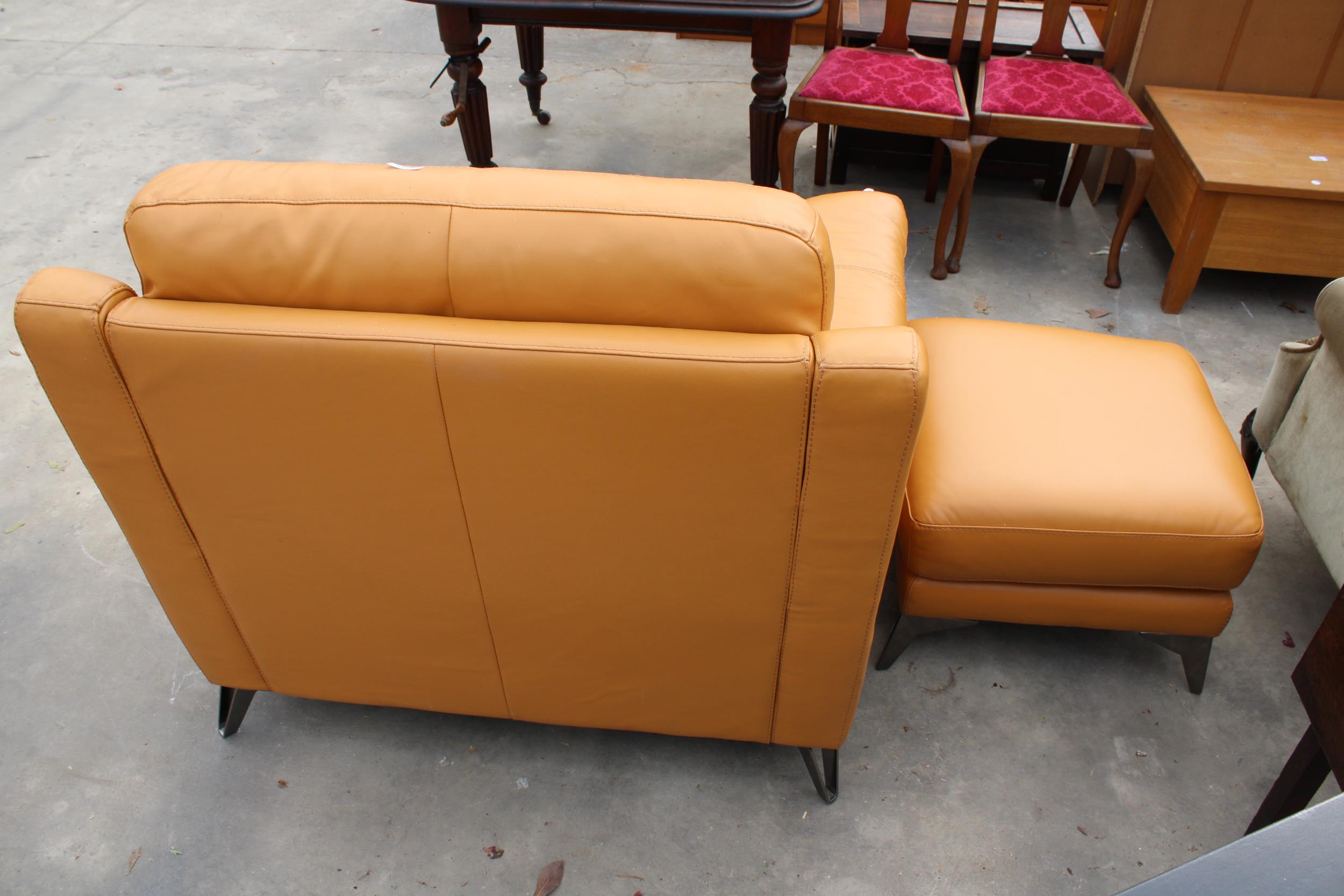 A CARAMEL LEATHER EASY CHAIR AND FOOTSTOOL ON POLISHED CHROME LEGS - Image 5 of 6