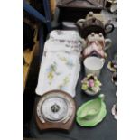 A QUANTITY OF CERAMICS TO INCLUDE NOVELTY TEAPOTS, PLATES, A CERAMIC POSY, BAROMETER IN A HORSESHOE,