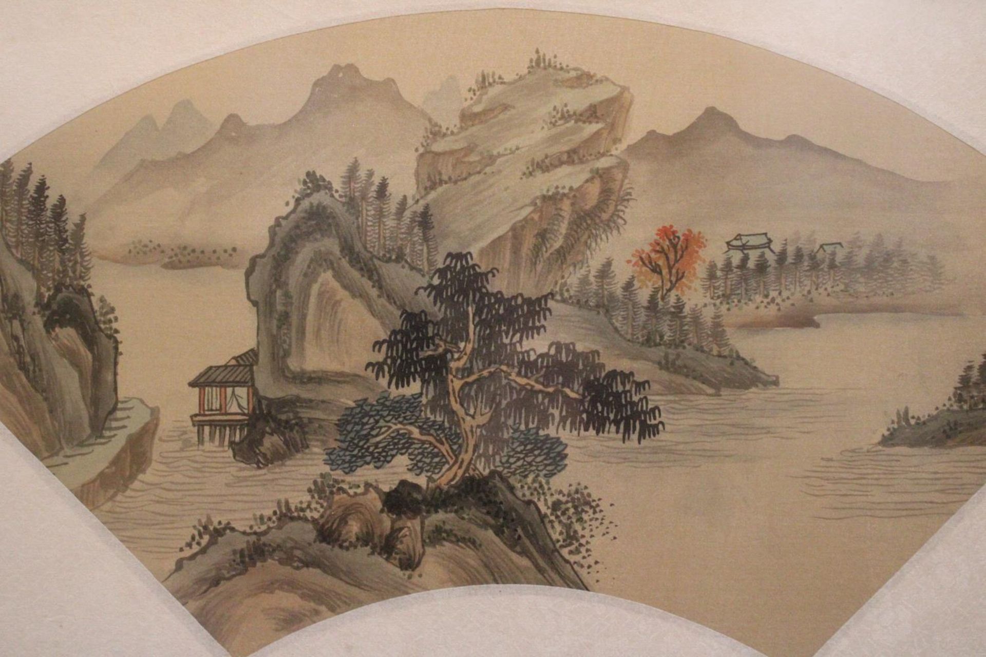 A CHINESE FAN PAINTING OF A LANDSCAPE IN BAMBOO FRAME - 49 X 29 CM - Image 2 of 4