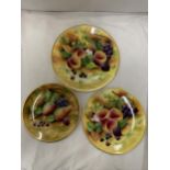 THREE SIGNED, J MOTTRAM, HANDPAINTED, FRUIT, CABINET PLATES