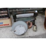 AN ASSORTMENT OF ITEMS TO INCLUDE AN ALLOY JAM PAN AND A COPPER OIL LAMP ETC
