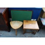 A NEST OF THREE TABLES, FOLDING CARD TABLE AND A MODERN ELM STOOL