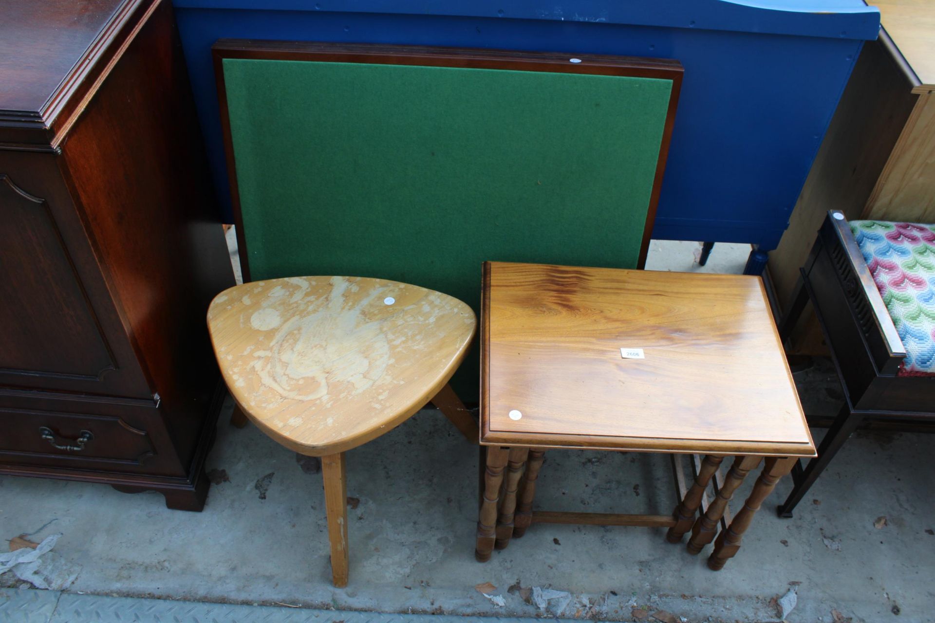 A NEST OF THREE TABLES, FOLDING CARD TABLE AND A MODERN ELM STOOL