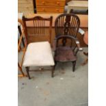 AN ELM WINDSOR STYLE CHILDS ARM CHAIR WITH TURNED UPRIGHTS AND PIERCED SPLAT BACK AND BEDROOM CHAIR