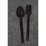 TWO LARGE WOODEN WALL DECORATIONS OF A FORK AND SPOON