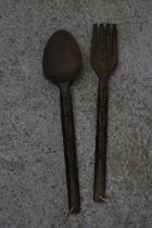 TWO LARGE WOODEN WALL DECORATIONS OF A FORK AND SPOON