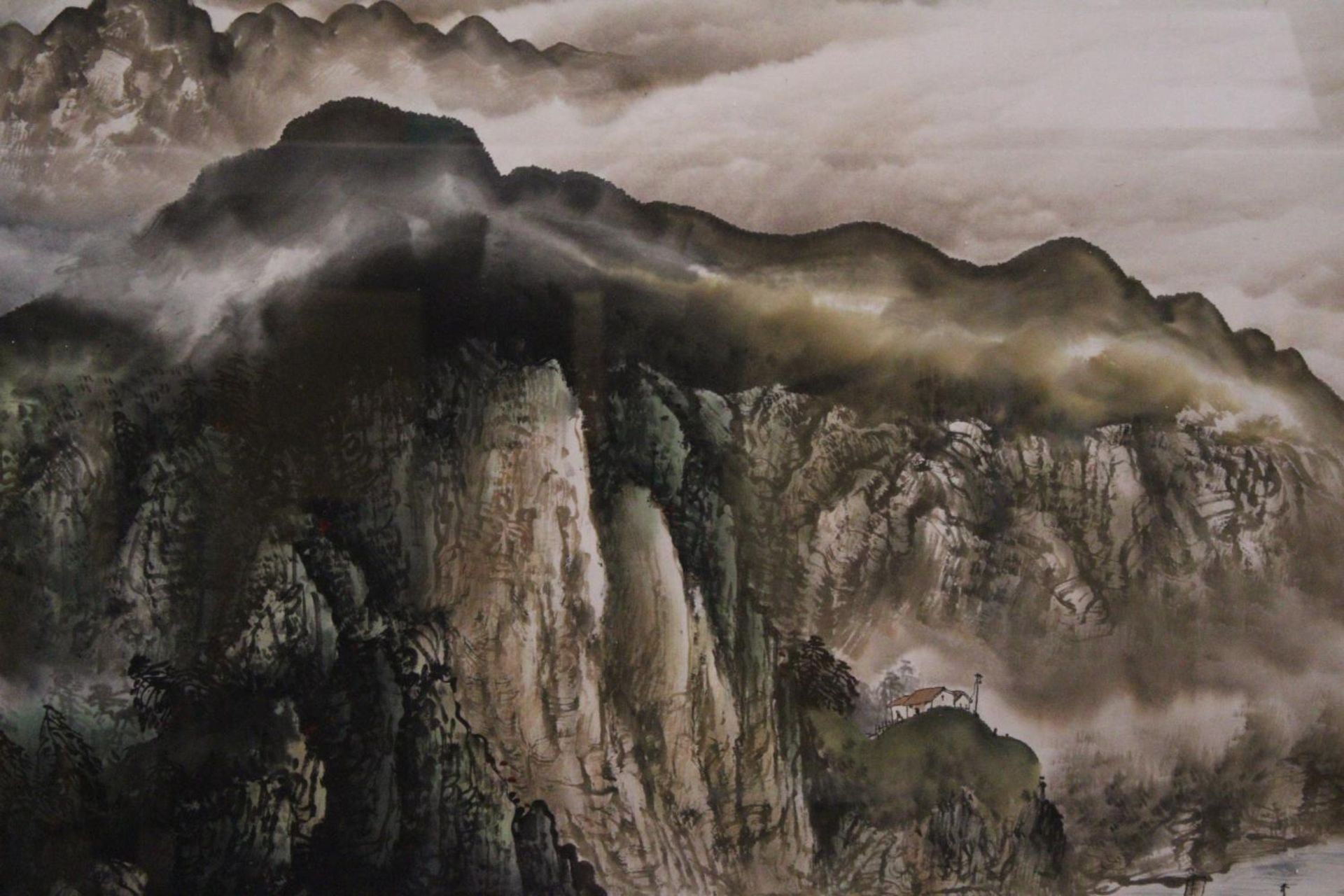 A VERY LARGE FRAMED CHINESE PEN AND INK WATERCOLOUR RIVER MOUNTAIN SCENE - 68 CM X 133 CM WITH - Image 2 of 5