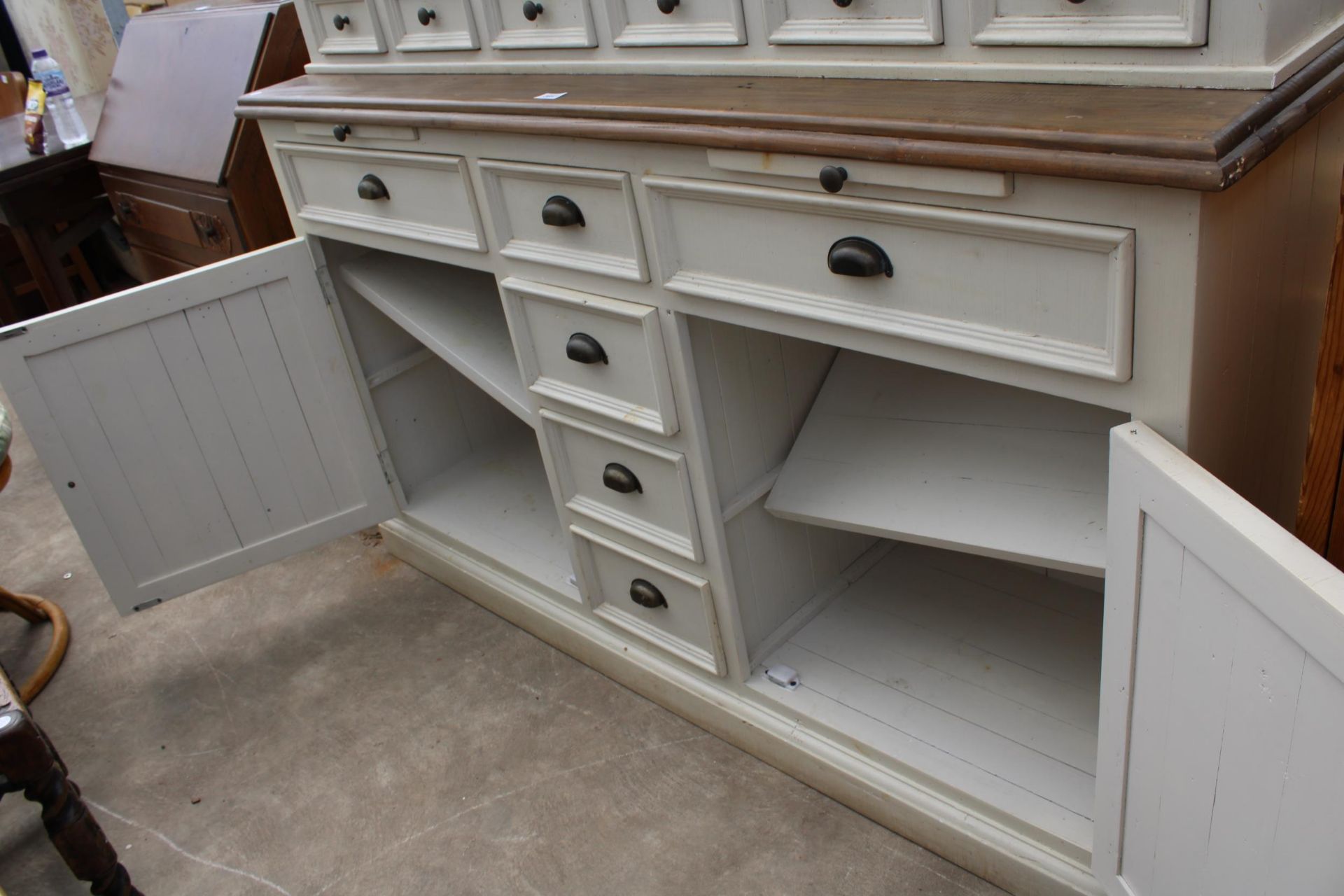 A MODERN PAINTED DRESSER, THE UPPER PORTION ENCLOSING TWO GLAZED CUPBOARDS AND SIX SPICE DRAWERS, - Image 6 of 7