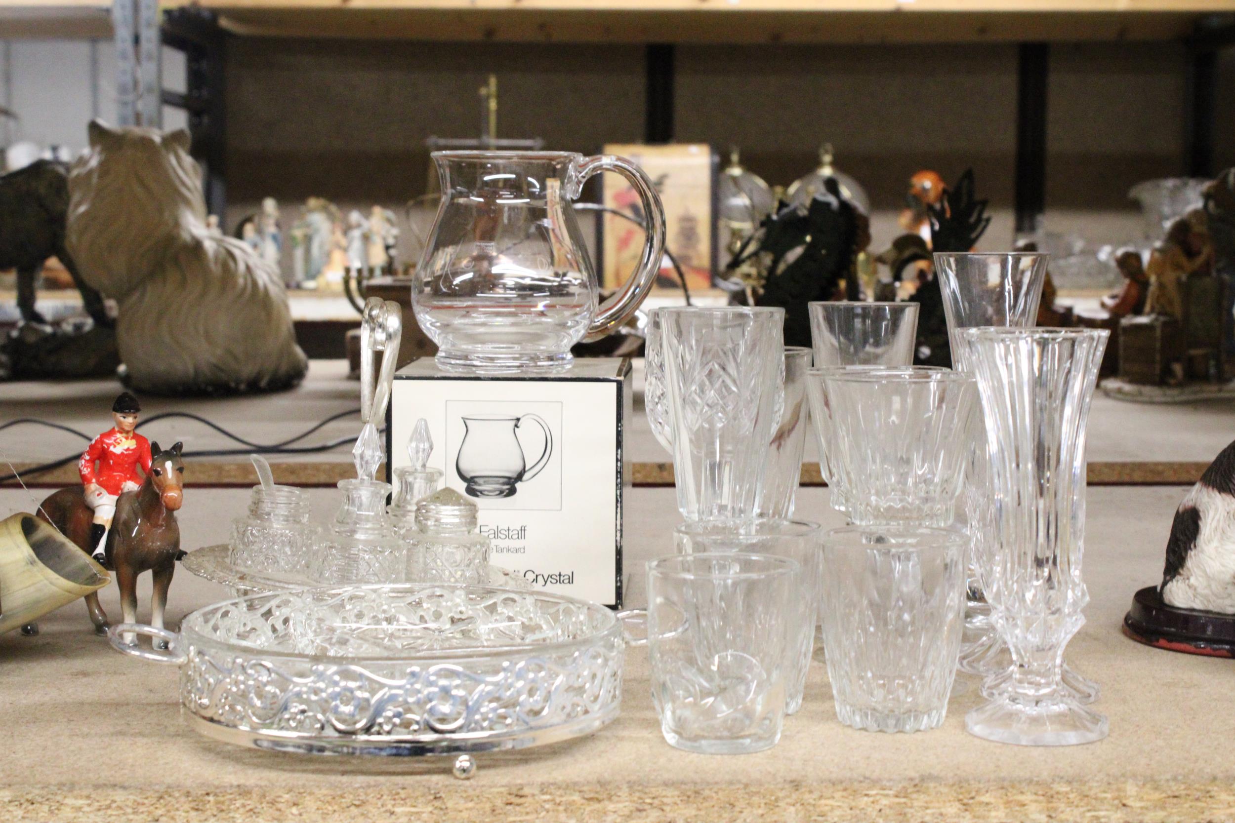 A QUANTITY OF GLASSWARE TO INCLUDE A SILVER PLATED STAND WITH CONDIMENTS, A BOXED WEDGWOOD '