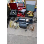 AN ASSORTMENT OF TOOLS TO INCLUDE A TROLLEY JACK, A ROCKWELL SANDER AND A SHREDDER ETC