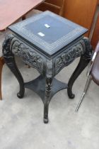 A VICTORIAN STYLE EBONISED TWO TIER JARDINIER STAND WITH FOLIATE CARVINGS, 14" SQUARE