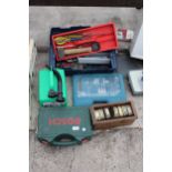 AN ASSORTMENT OF TOOLS TO INCLUDE A BOSCH DRILL, A DRILL BIT SET AND A TOOL BOX WITH AN ASSORTMENT