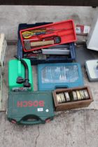 AN ASSORTMENT OF TOOLS TO INCLUDE A BOSCH DRILL, A DRILL BIT SET AND A TOOL BOX WITH AN ASSORTMENT
