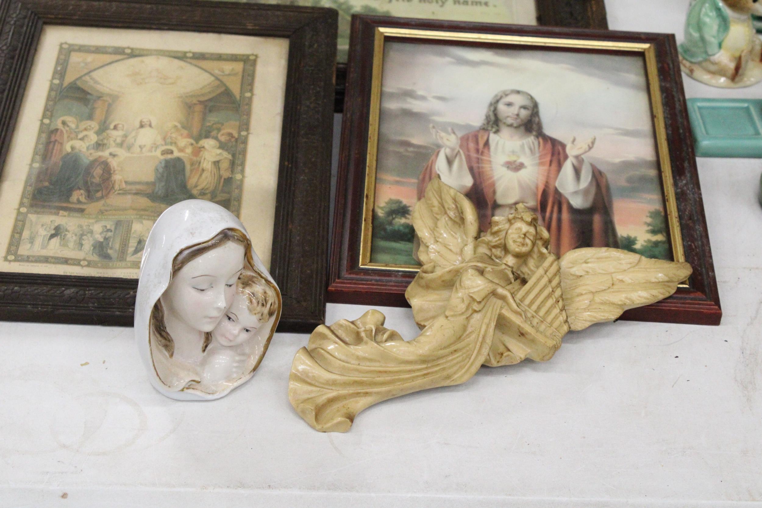 A COLLECTION OF RELIGIOUS ITEMS TO INCLUDE, FIVE FRAMED PRINTS, A MARY AND JESUS BUST AND A WALL - Image 2 of 6