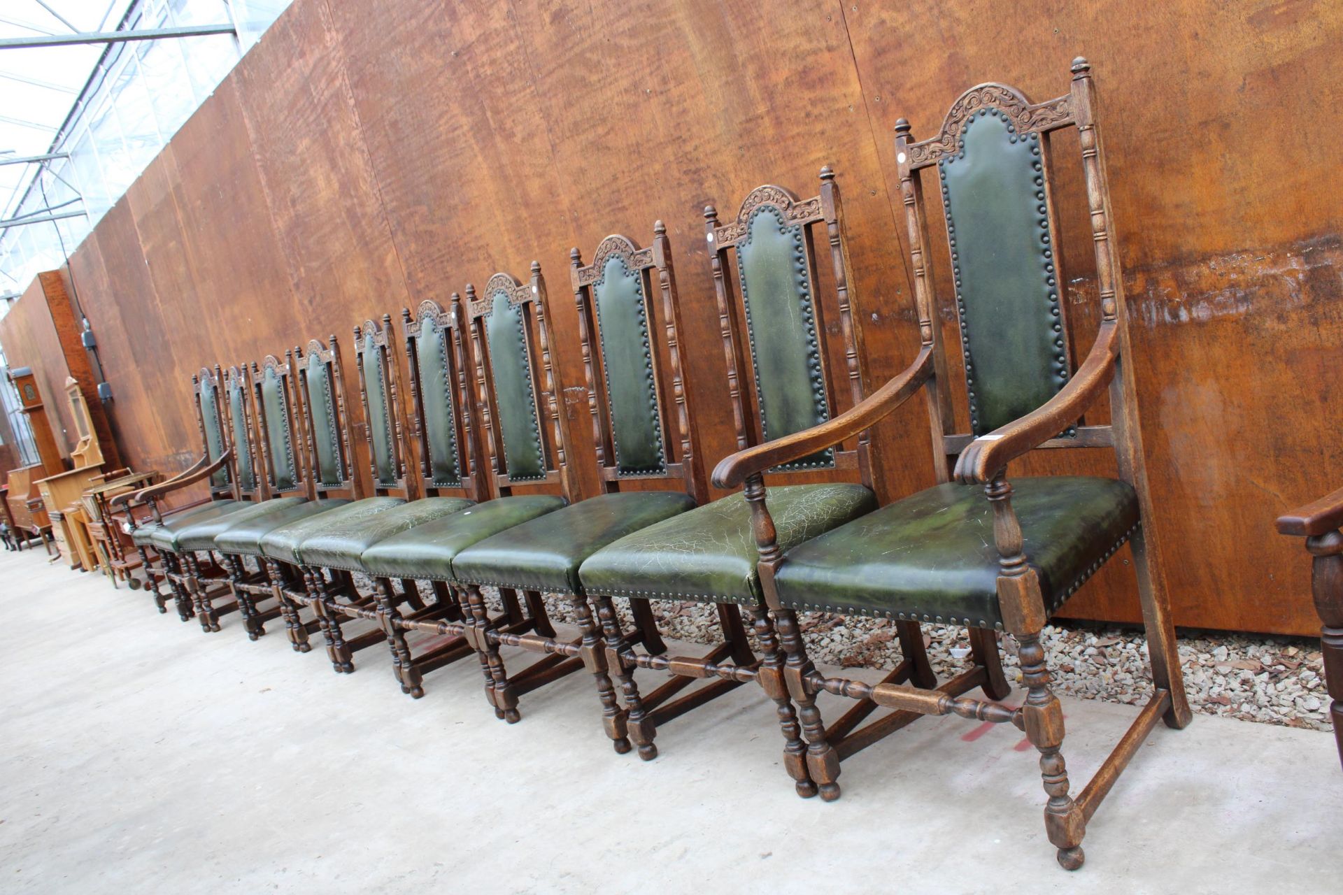 A SET OF TEN OAK JACOBEAN STYLE HIGH BACK DINING CHAIRS, TWO BEING CARVERS ON TURNED LEGS AND - Image 2 of 4