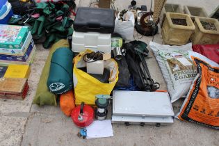A LARGE ASSORTMENT OF CAMPING ITEMS TO INCLUDE A GAS STOVE, FOLDING CHAIRS AND AN AIR BED ETC