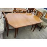 A RETRO TEAK MEREDEW EXTENDING DINING TABLE, 59" X 36" (LEAF 20") AND TWO DINING CHAIRS