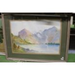 A FRAMED WATERCOLUR OF A MOUNTAIN SCENE AND LAKE