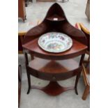 A 19TH CENTURY MAHOGANY CORNER WASHSTAND WITH CHINESE TEMPLE WASH BOWL