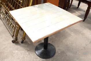 A MODERN 30" SQUARE TILED TOP TABLE ON METALWORK BASE