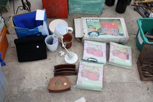 AN ASSORTMENT OF ITEMS TO INCLUDE TOMATO PLANTERS, AN ADJUSTABLE LAMP AND A LETTER RACK ETC