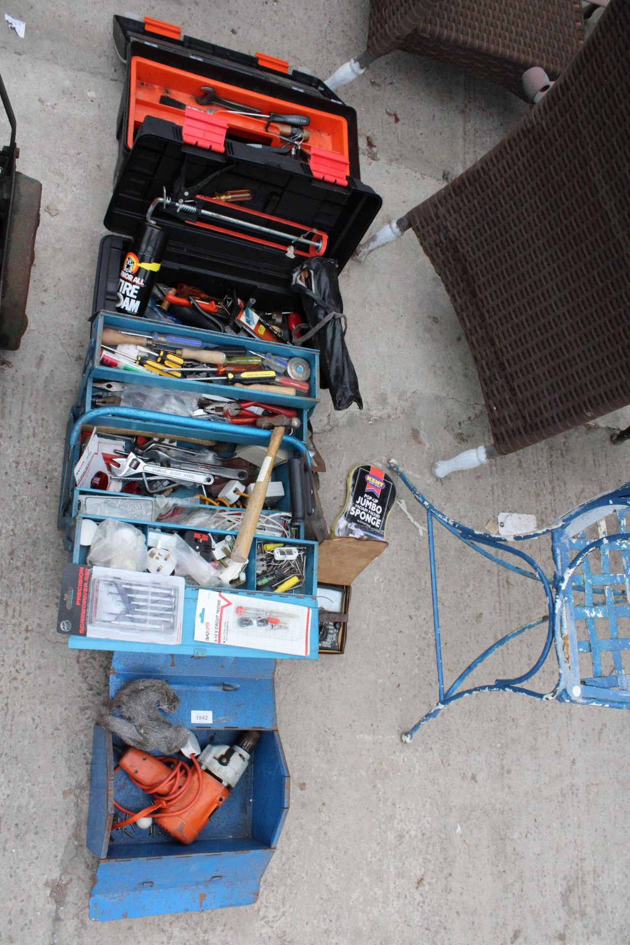 FOUR VARIOUS TOOL BOXES WITH AN ASSORTMENT OF TOOLS TO INCLUDE SCREW DRIVERS, SPANNERS AND A WOOD