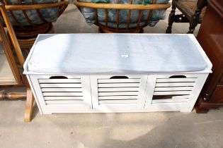 A MODERN PAINTED BATHROOM THREE DRAWER CHEST WITH CUSHION TOP