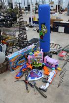 A LARGE ASSORTMENT OF TOYS TO INCLUDE NERF GUNS AND HOT WHEELS ETC