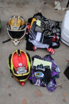 AN ASSORTMENT OF MOTORBIKE ITEMS TO INCLUDE SHOEI HELMETS AND GLOVES ETC
