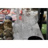 A QUANTITY OF GLASSWARE TO INCLUDE TWO INCLUDE TWO CUT GLASS WHISKEY DECANTERS, A BOHEMIAN CRYSTAL