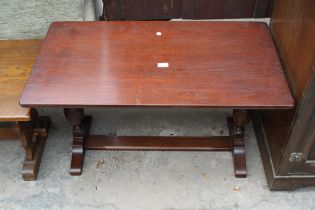 A MODERN OAK COFFEE TABLE ON BULBOUS PEDESTALS, 36" X 20"