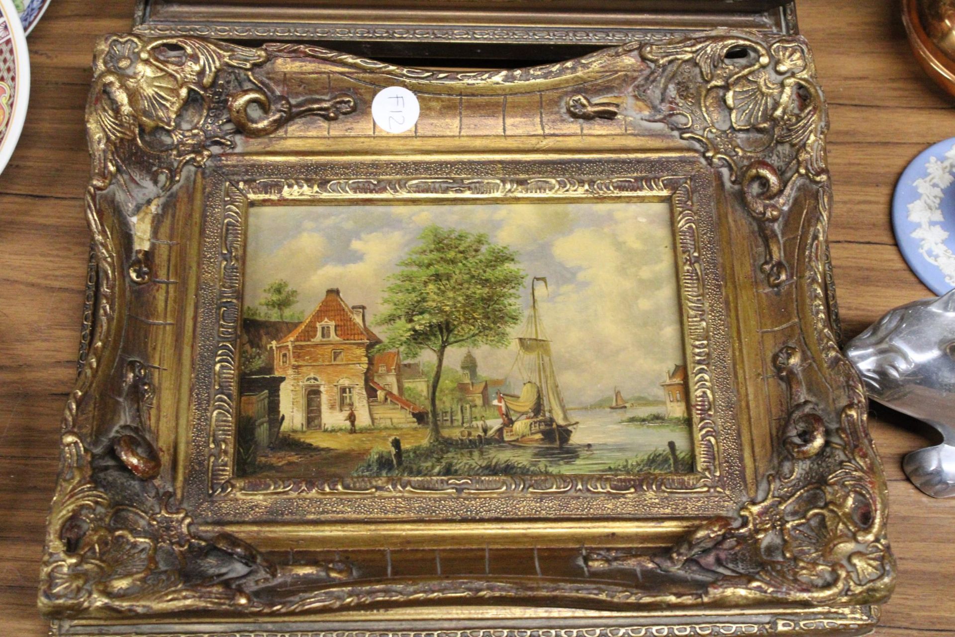 THREE VINTAGE OVER PAINTED PRINTS OF COUNTRYSIDE SCENES, IN ORNATE GILT FRAMES - Image 2 of 4