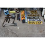 AN ASSORTMENT OF HAND TOOLS AND VINTAGE CAR NUMBER PLATES ETC