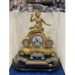 A VINTAGE FRENCH ORMOLU CLOCK WITH DECORATIVE ENAMEL FACE AND PANELS IN A GLASS DOME (A/F)