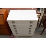 A WHITE 1970'S CHREST OF FIVE DRAWERS WITH METAL HANDLES, 30" WIDE
