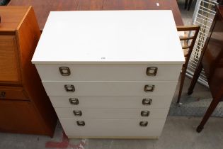 A WHITE 1970'S CHREST OF FIVE DRAWERS WITH METAL HANDLES, 30" WIDE