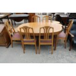 A RETRO TEAK EXTENDING DINING TABLE, 60" X 39" (LEAF 21") AND SIX DINING CHAIRS