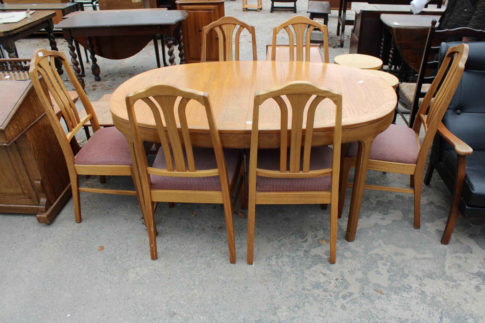 A RETRO TEAK EXTENDING DINING TABLE, 60" X 39" (LEAF 21") AND SIX DINING CHAIRS