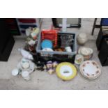 AN ASSORTMENT OF CERAMICS TO INCLUDE PLATES, CUPS AND FIGURES ETC