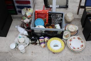 AN ASSORTMENT OF CERAMICS TO INCLUDE PLATES, CUPS AND FIGURES ETC