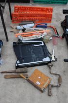 AN ASSORTMENT OF TOOLS TO INCLUDE A GILOTINE, A BRACE DRILL AND EXTENSION LEAD ETC