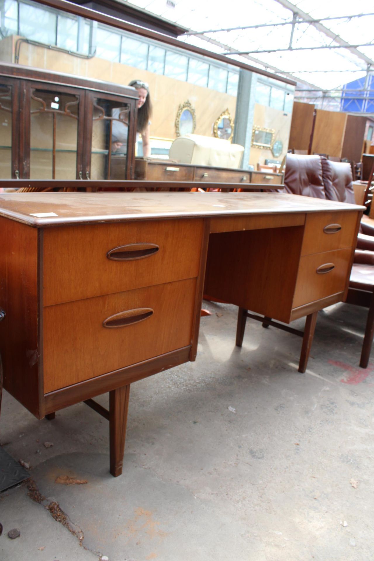 A RETRO TEAK KNEE-HOLE DRESSING TABLE ENCLOSING FOUR DRAWERS, 60" WIDE - Image 2 of 5